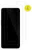 Two screen protectors are shown on a white background, with one partially covering a black smartphone. Produktbild-Vorschau