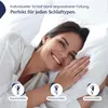 A woman smiling while lying on a pillow, with graphics indicating different sleeping positions. Produktbild-Vorschau