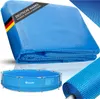 A collage of images showing a folded blue pool cover, a rolled-up pool cover, and a blue round swimming pool. Náhled obrázku produktu
