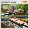 A balcony railing with a wooden shelf attached, shown in two configurations: as a bar/table with drinks and as a shelf with a cup. Produktbild-Vorschau