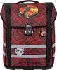 A red and black patterned school backpack with a dragon graphic and a lock. Produktbild-Vorschau