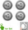Four silver LED puck lights are arranged in a grid on a white background. A green icon of a hand touching a circle is in the bottom left corner, with the text '4er Set' below it. A small inset image in the bottom right shows a finger touching one of the li Produktbild-Vorschau