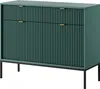 A green cabinet with gold handles and black legs is shown against a white background.