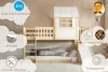 A wooden bunk bed with a slide and a playhouse-like structure on top, set in a child's room. Produktbild-Vorschau