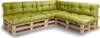 A sectional sofa made from wooden pallets with green cushions. Náhled obrázku produktu