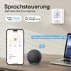 A smart thermostat system with a wall-mounted unit, a smartphone app interface, and a smart speaker, demonstrating voice control functionality. Produktbild-Vorschau