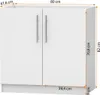 A white kitchen cabinet with silver handles, shown with dimensions indicated by measurement lines and text. Produktbild-Vorschau