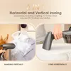 A split image showing a garment steamer being used to iron clothes both vertically and horizontally. Náhľad obrázku produktu