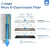 Diagram illustrating the 3-stage micro X-clean instant filter process, showing water flowing through different filter layers and what contaminants are removed. Anteprima dell’immagine prodotto