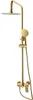 A gold-colored shower system with a rain shower head and a handheld shower head, mounted on a white background. Náhled obrázku produktu