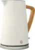 A white electric kettle with a wooden handle is shown against a white background. Produktbild-Vorschau