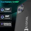 A close-up of a smartphone's rear camera module, with overlaid text highlighting camera specifications and features. Produktbild-Vorschau