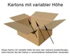 An open cardboard box with arrows and red dots indicating variable height options. Produktbild-Vorschau