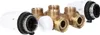 A close-up studio shot of plumbing fittings, specifically a manifold with two thermostatic valve heads attached. Produktbild-Vorschau