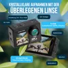 A marketing image showcasing an action camera with various features highlighted by text overlays. Produktbild-Vorschau