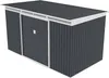 A 3D rendering of a dark gray garden shed with a white trim and a dark gray roof. Produktbild-Vorschau