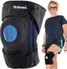 A black knee brace with blue accents is shown next to a woman wearing a similar brace on her leg. Produktbild-Vorschau