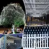 Collage of images showing white LED net lights used for decoration on a tree, under a ceiling, on a fence, and on a wooden structure. Podgląd zdjęcia produktu