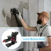 A man is tiling a wall, and a close-up of a laser level bracket is shown in a circle. Produktbild-Vorschau