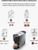A collage of images showing a coffee machine and different types of coffee capsules and pods it is compatible with. Produktbild-Vorschau