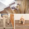 A collage of three images showing different subjects on stairs: a baby crawling up wooden stairs, a person walking up granite stairs, and a puppy on wooden stairs. Produktbild-Vorschau