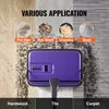 A purple manual floor sweeper is shown on a surface divided into hardwood, tile, and carpet sections, with various debris types illustrated above. Náhled obrázku produktu