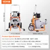 Two views of an orange and grey drain cleaning machine with dimensions and specifications shown. Podgląd zdjęcia produktu