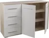 A modern dresser with white drawers and a wood-tone top and frame, with one cabinet door open to reveal shelves. Náhled obrázku produktu