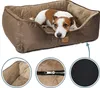A dog bed with a dog inside, shown with close-up details of its interior, zipper, and textured material. Produktbild-Vorschau