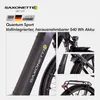 A collage of images showing different parts of a black e-bike, with text and logos. Produktbild-Vorschau