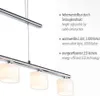A close-up of a modern, multi-light pendant lamp with glass shades, accompanied by descriptive text about its features. Produktbild-Vorschau