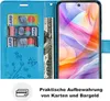 A blue flip phone case with card slots and a US dollar bill, next to a smartphone displaying a colorful wallpaper. Text below describes practical storage for cards and cash. Produktbild-Vorschau