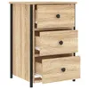 A three-drawer nightstand with a wood-grain finish and black metal frame, shown against a white background. Náhled obrázku produktu