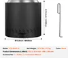 A black cylindrical fire pit with a silver top, shown with dimensions and accessories listed below. Produktbild-Vorschau