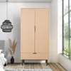 A bedroom scene with a wardrobe, bed, and window. Produktbild-Vorschau