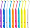 A collection of Curaprox single interdental brushes in various colors, arranged in a row. Produktbild-Vorschau