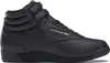 A black Reebok Freestyle high-top sneaker is shown from the side against a white background. Produktbild-Vorschau