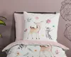 A bed with bedding featuring a woodland animal print. Produktbild-Vorschau