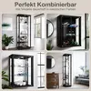 A collage of four images showing different black glass display cabinets in various room settings. Produktbild-Vorschau