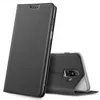 A black flip case for a Samsung Galaxy A6 Plus phone is shown against a white background. The case is shown in both an open and closed position. Produktbild-Vorschau