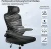 A black ergonomic office chair is shown with graphic overlays and text highlighting its features. Produktbild-Vorschau
