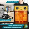 A marketing image showing a portable electric heater with text overlays highlighting its features, and a person in the background working. Produktbild-Vorschau