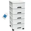 A white plastic drawer unit with five drawers and wheels, with a tag attached. Produktbild-Vorschau