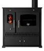 A black wood-burning stove with a glass oven door and a smaller door with a fire visible inside. Anteprima dell’immagine prodotto