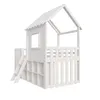 A white wooden house-shaped bed with a fence and a ladder, set against a white background. Náhľad obrázku produktu