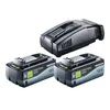 Three power tool batteries and a charger are shown against a white background. Podgląd zdjęcia produktu