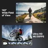 Collage of two images showing an action camera's features: wide field of view and ultra HD recording. Produktbild-Vorschau