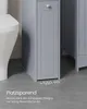 A narrow gray cabinet next to a white toilet in a bathroom. Produktbild-Vorschau