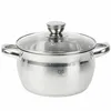 A stainless steel pot with a glass lid on a white background. Produktbild-Vorschau