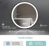 A round LED mirror with a bathtub reflected in it, showing touch controls and feature descriptions. Produktbild-Vorschau